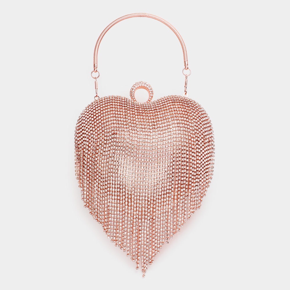 Rose Gold Rhinestone Fringe Heart Evening Clutch Bag